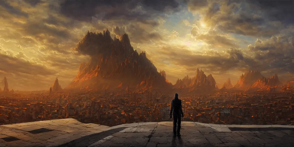 Image similar to fantasy oil painting, ultra futuristic, megalithic buildings, looming, billboards, advertisements, small buildings, warm lighting, street view, daytime, silhouetted figure standing overlooking the city, distant mountains, bright clouds, luminous sky, cinematic lighting, michael cheval, michael whelan, artstation, oil painting, vray, 8 k hd