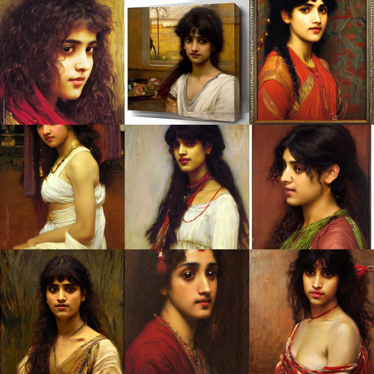 Prompt: bangs curly sri lankan orientalist portrait by john william waterhouse and Edwin Longsden Long and Theodore Ralli and Nasreddine Dinet, oil on canvas. Cinematic, hyper realism, dramatic lighting, high detail 8k