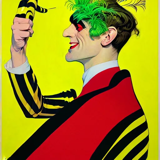 Image similar to art by joshua middleton, the yellow creeper, a tall manically smiling yellow - skinned man with green and black striped cycling shorts and wearing a long red and black striped ostrich feather boa, yellow makeup, mucha, kandinsky, poster, art deco motifs, comic art, stylised design, scarlet feather boa