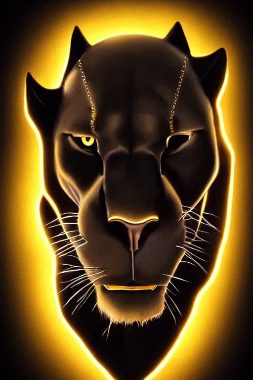 Image similar to Portrait of a black panther, elegant, photorealistic, highly detailed, artstation, smooth, sharp focus, gold ornaments, neon lighting, sci-fi, art by Klimt