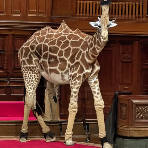 Image similar to a giraffe with a tie and pants on the spanish congressional stage