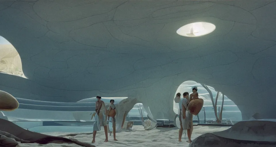 Image similar to a giant seashell house in the middle of nowhere, cinematography by syd mead, gregory crewdson, moebius