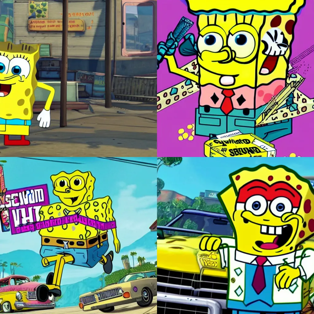 Prompt: SpongeBob in GTA V cover, rockstar games, no text,