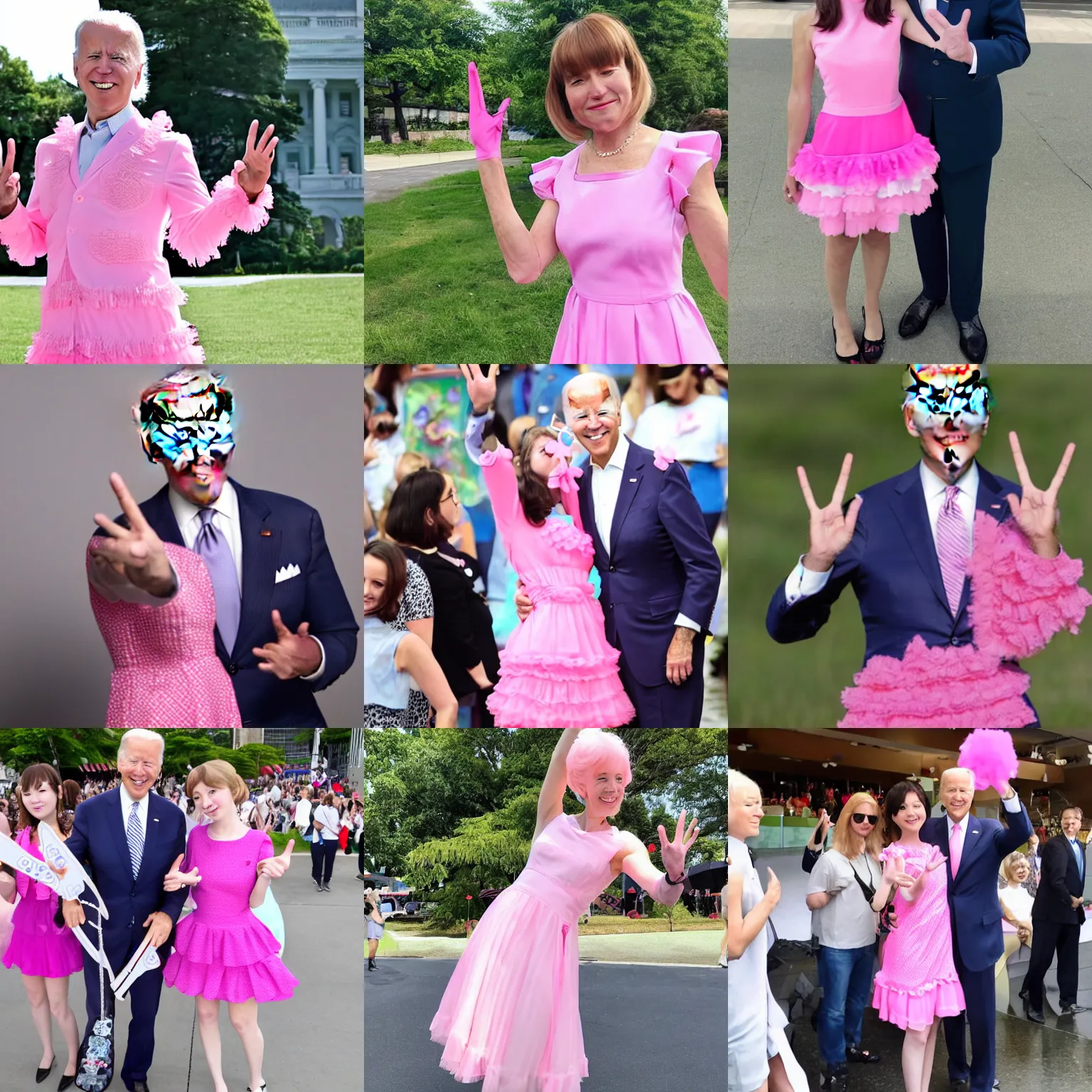 Prompt: joe biden wearing a cute pink frilly dress holding up a peace sign, kawaii, cute pose, anime pose, feminine girly dress