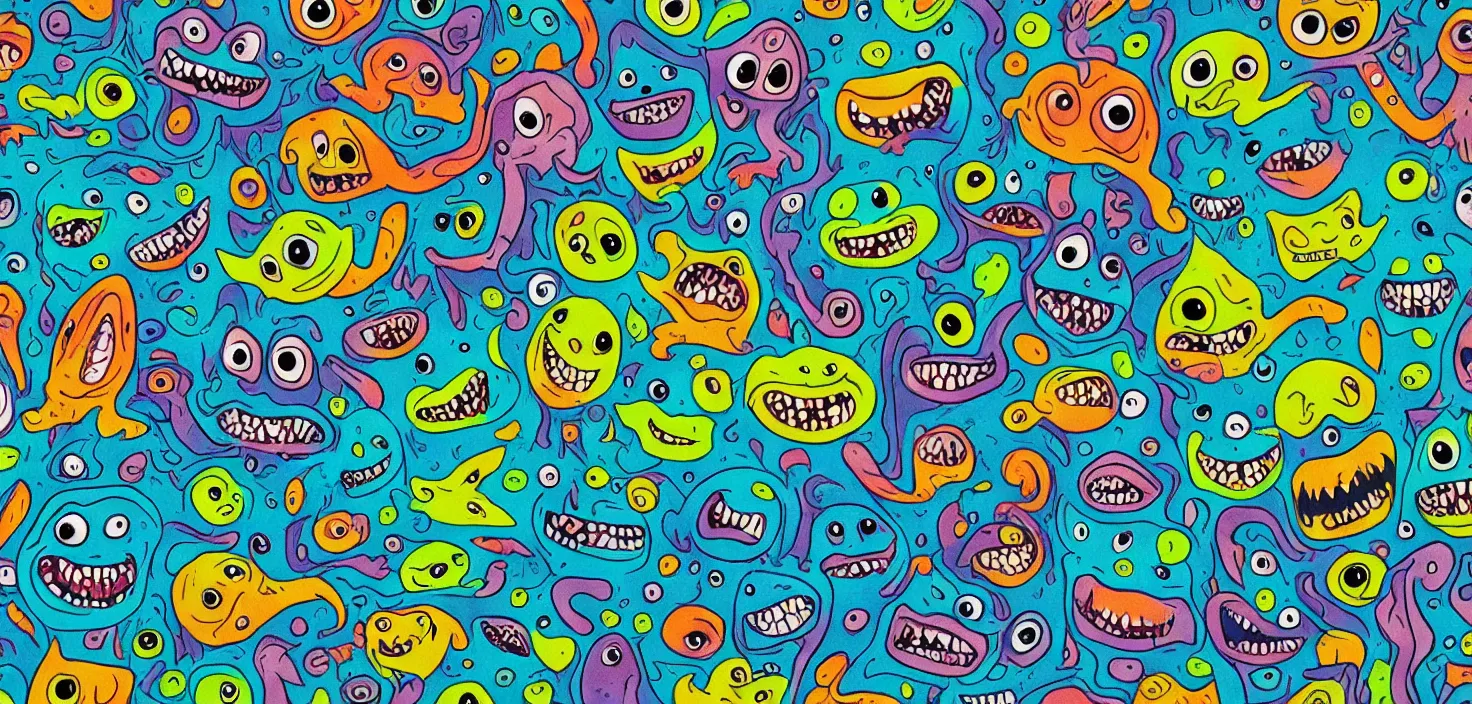 Prompt: intricate colourful murky with strange cute friendly angry crazy creatures with huge beauty eyes long tongue triangle teeth and scary face appearing from the water