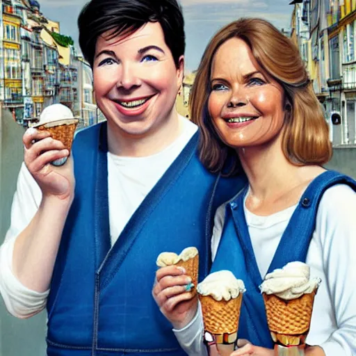 Image similar to portrait of michael mcintyre & a blonde fuller figured middle aged barbara bach from the bond film wearing blue dungarees and eating ice creams in porto, real life skin, intricate, elegant, highly detailed, artstation, concept art, smooth, sharp focus, art by artgerm and greg rutkowski and alphonse mucha