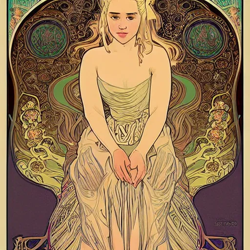 Image similar to Beautiful young girl like Daenerys Targaryen emilia clarke illustrated by alphonse mucha