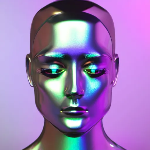 Image similar to 3d render of holographic human robotic head made of glossy iridescent, surrealistic 3d illustration of a human face non-binary, non binary model, 3d model human, cryengine, made of holographic texture, holographic material, holographic rainbow, concept of cyborg and artificial intelligence