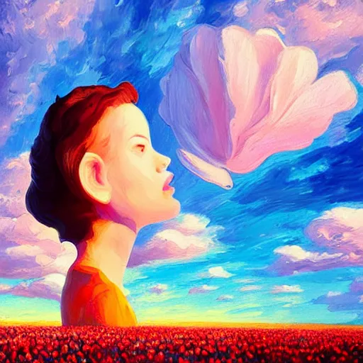 Image similar to girl with one single giant tulip as a head, surreal photography, flower field, sunset dramatic light, impressionist painting, colorful clouds, blue sky, digital painting, artstation, simon stalenhag