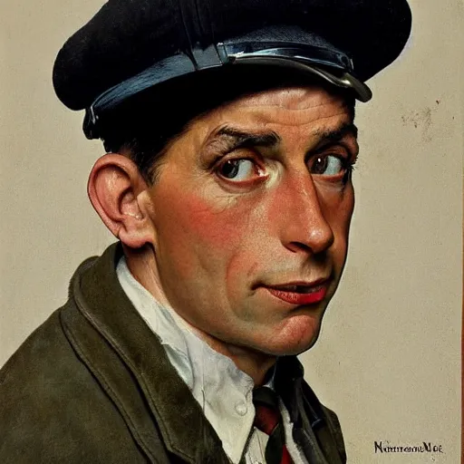 Image similar to Frontal portrait of a Frenchman wearing his mandatory national uniform for daily life. Painting by Norman Rockwell.