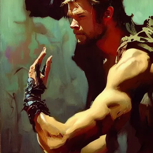 Prompt: chris hemsworth, intricate, elegant, highly detailed, greg manchess, mucha, liepke, ruan jia, jeffrey catherine jones, ridley scott
