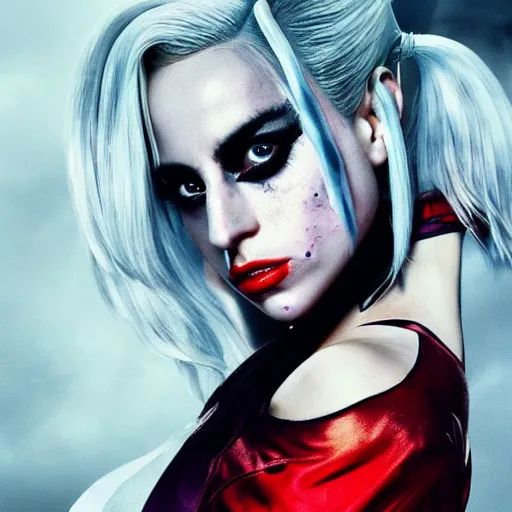 Image similar to awe inspiring photorealistic movie poster featuring Lady Gaga as Harley Quinn 4k hdr amazing lighting