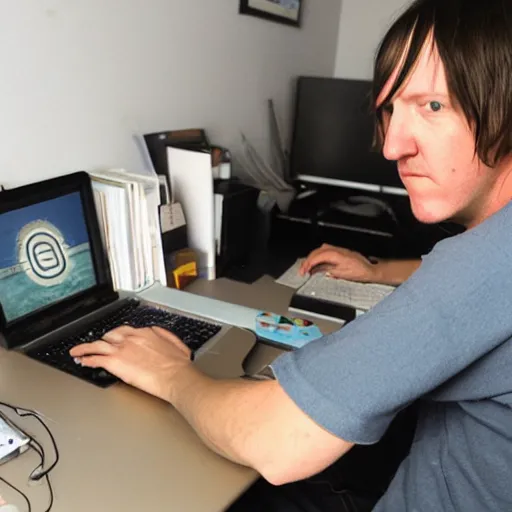 Prompt: elliott smith using a computer, ultra realistic, 8 k, photorealistic