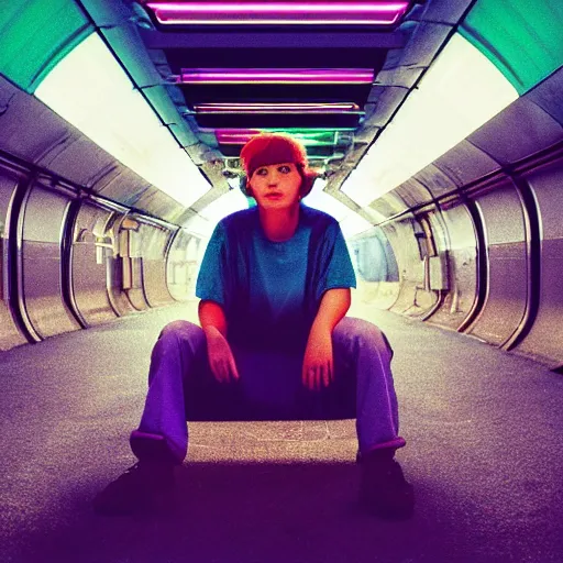 Image similar to lofi vaporwave retro futurism album artwork underground unknown artist sitting on a train