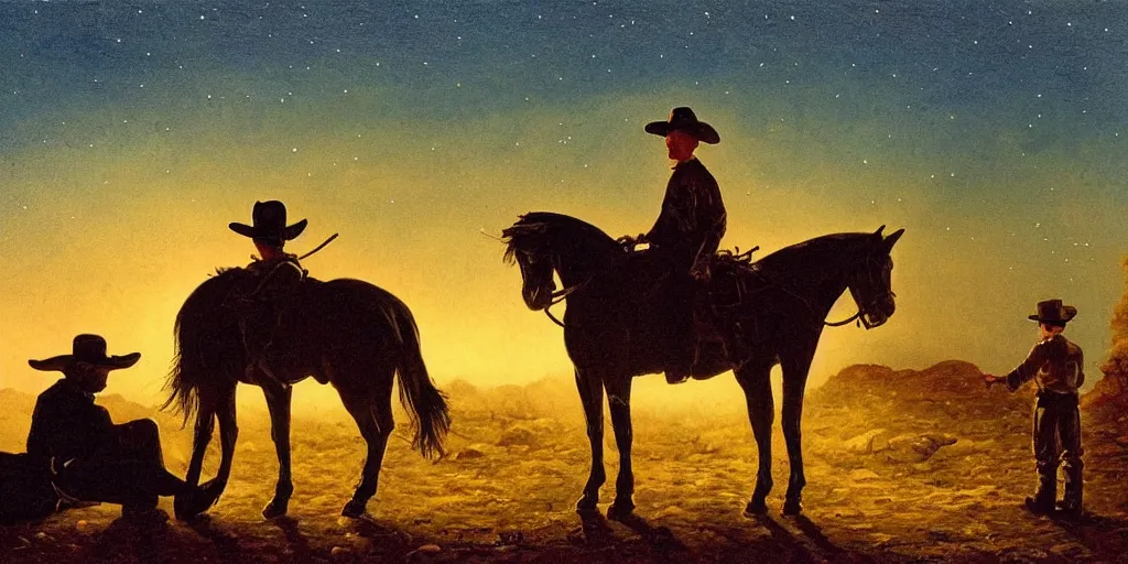 Image similar to in the old west, at a campfire at night, al sleeping bandit ( ( alone ) and a young boy ( ( alone ) ) watches the stars and his horse grazes, in the style of fredrick remington, oil painting, warm color palate, astral