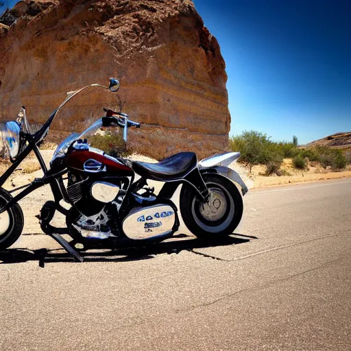 Image similar to a ball shaped motorcycle on route66 3d 8k photo