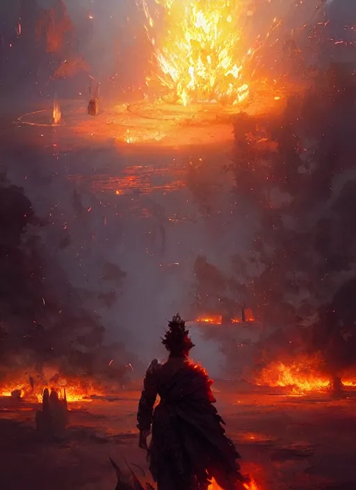 Image similar to 4k fire spell , art by greg rutkowski, art by craig mullins, art by thomas kincade, art by Yoshitaka Amano