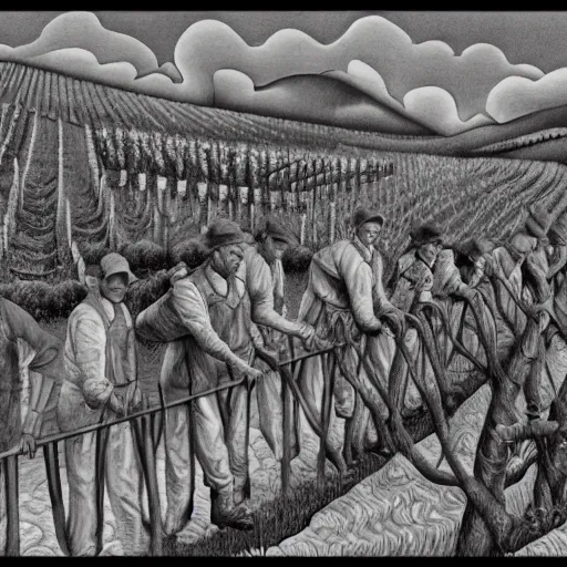 Image similar to Hyperrealism traditional austrian vineyard with workers, painting by MC Escher