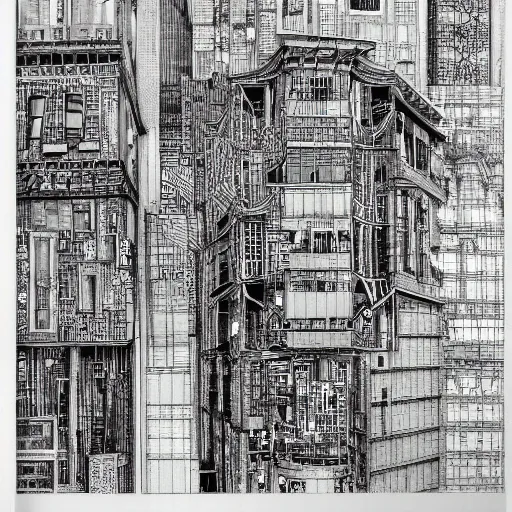 Image similar to a black and white drawing of a building, a detailed mixed media collage by hiroki tsukuda and eduardo paolozzi, intricate linework, sketchbook drawing, street art, polycount, deconstructivism, matte drawing, academic art, constructivism