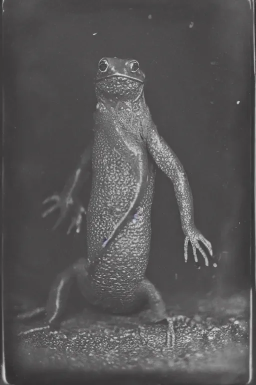 Image similar to a wet plate photo of an anthropomorphic salamander king