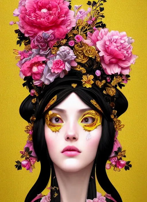 Image similar to beautiful black pink yellow, complicated gold and pink flowers in baroque style headwears, dark fantasy, intricate, elegant, highly detailed, digital painting, artstation, highly saturated colors, concept art, matte, 3 d 8 k octane rendered, sharp focus, illustration, octane rendered, art by artgerm and alphonse mucha, leesha hannigan