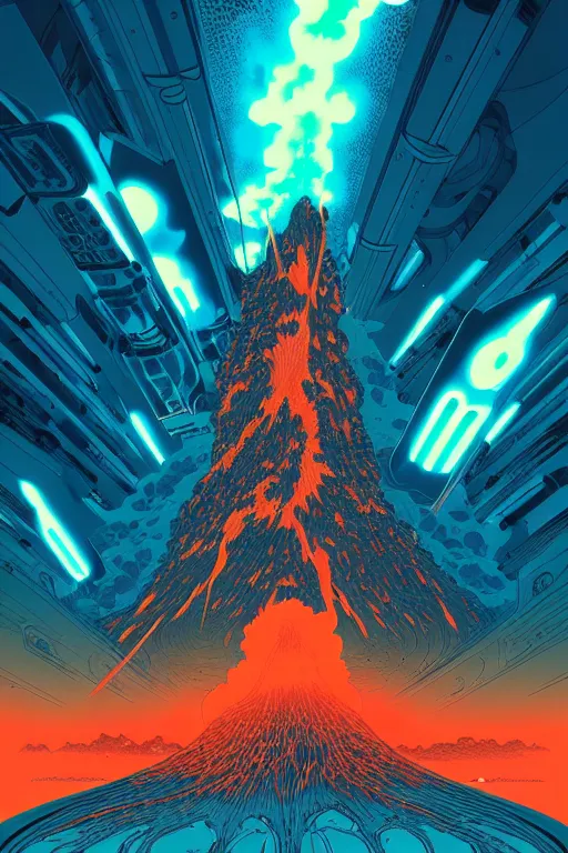 Prompt: artwork by kilian eng and toshi yoshida and moebius showing a futuristic powerstation!! in front of a ( ( exploding volcano ) ), vintage scifi, high details, dramatic lightning,, 8 k