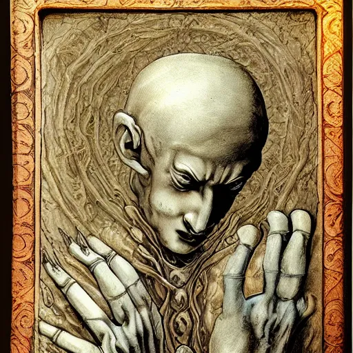 Prompt: Fantasy portrait of a man made of frost and shadow holding religious tome, high detailed, horror, old renaissance, religious art, style of Harshanand Singh and Junji Ito