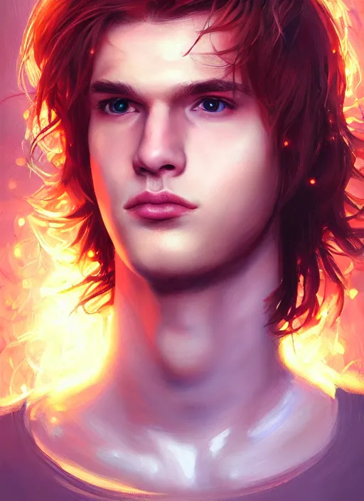 Image similar to portrait of teenage jason blossom, cleft chin, bangs, 1 9 8 0 s, mischievous expression, evil smirk, bangs and wavy hair, bangs, intricate, elegant, glowing lights, highly detailed, digital painting, artstation, concept art, smooth, sharp focus, illustration, art by wlop, mars ravelo and greg rutkowski