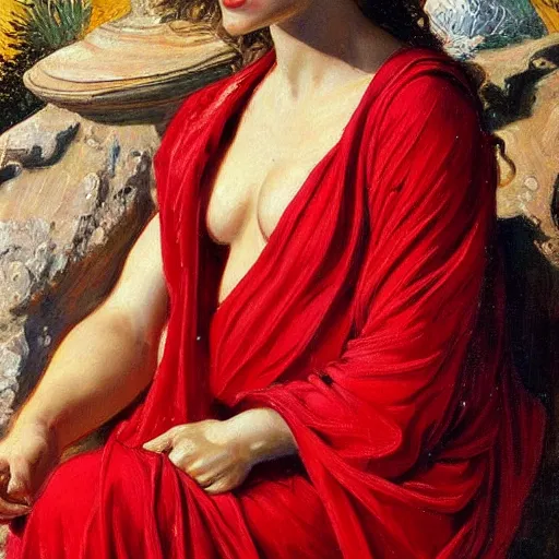 Prompt: painting of the greek goddess, aphrodite in a red robe, 1 8 8 9, highly detailed, vivid, high quality