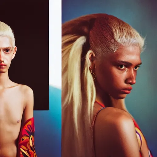 Prompt: realistic photoshooting for a new balenciaga lookbook, color film photography, portrait of a blonde indian woman, photo in style of tyler mitchell, 3 5 mm,