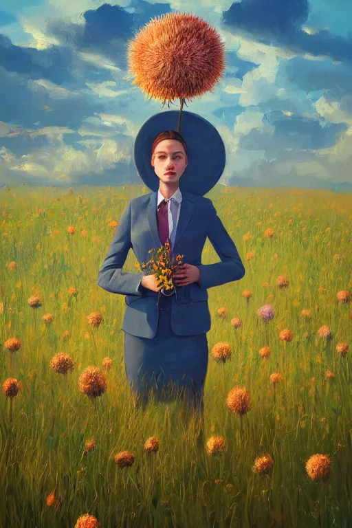 Image similar to portrait, giant thistle flower under head, a girl in a suit in field of flowers, surreal photography, sunrise, blue sky, dramatic light, impressionist painting, digital painting, artstation, simon stalenhag
