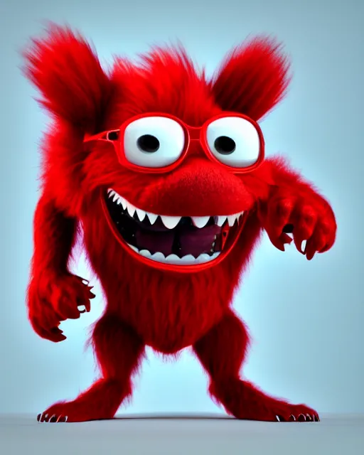 Prompt: 3 d render of completely red hairy friendly antropomorphic creature wearing chrome shades, without nose, full body, standing on 2 feet, in the style of pixar, white background, unreal engine 5, octane render, highly detailed hdr