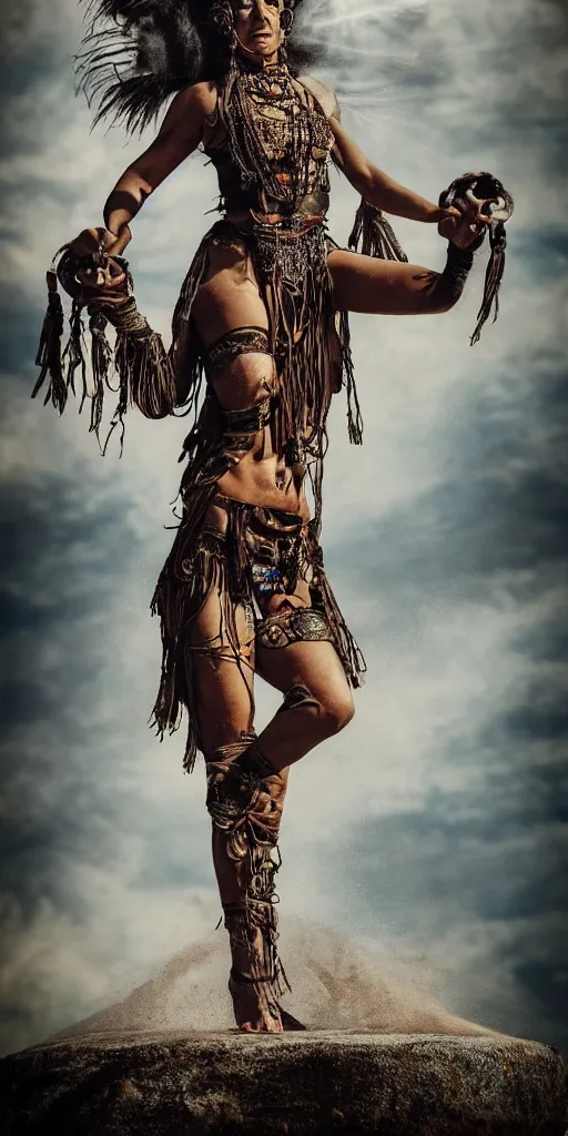 Image similar to old vintage full body photo of ancient shaman female on the complex big steam punk hooverboard with antigravity engine, extreme sports photography , dynamic photography,clean symmetrical face, high speed,dirt and grawel flying in the spot, lens flares, dust in the air, dramatic lighting, intricate, highly detailed, centered, smooth, sharp focus, sports photography, old photo, black and white, sepia, cinematic lighting, cinematic angle, national geographic