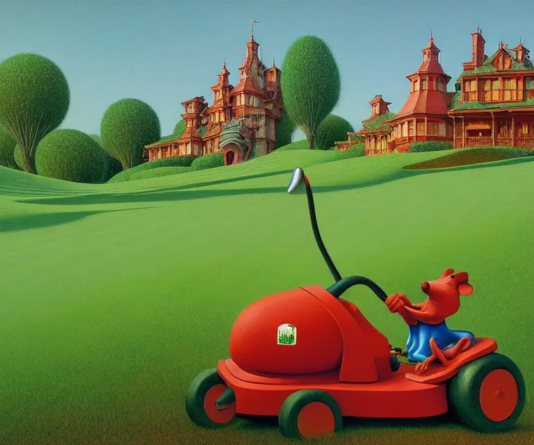 Image similar to hyper detailed 3d render like a Oil painting - a cartoon mouse riding a lawnmower across a golf course at dawn, by Jacek Yerka, Mariusz Lewandowski, Houdini algorithmic generative render, Abstract brush strokes, Masterpiece, Edward Hopper and James Gilleard, Zdzislaw Beksinski, Mark Ryden, Wolfgang Lettl, hints of Yayoi Kasuma, octane render, 8k