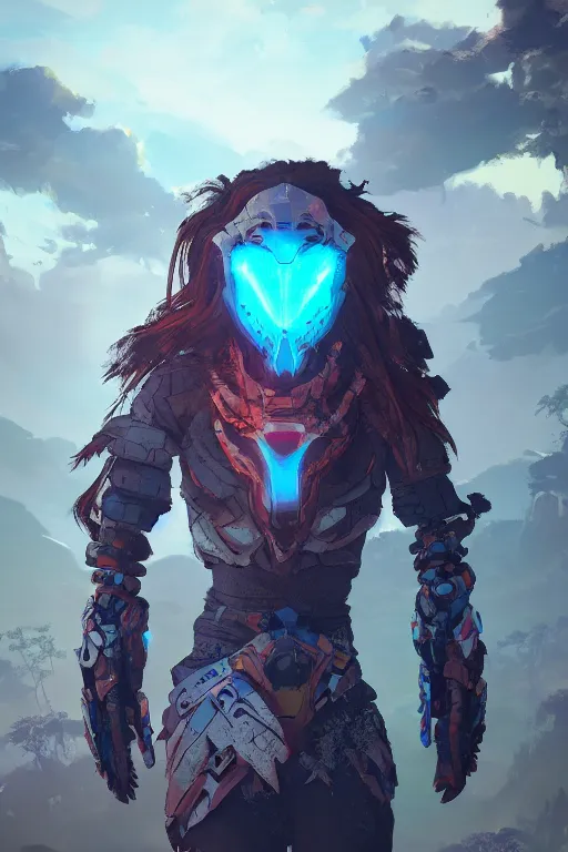 Image similar to combination suit armor aloy horizon forbidden west horizon zero dawn radiating a glowing aura global illumination ray tracing hdr fanart arstation by ian pesty and alena aenami artworks in 4 k tribal robot ninja mask helmet backpack