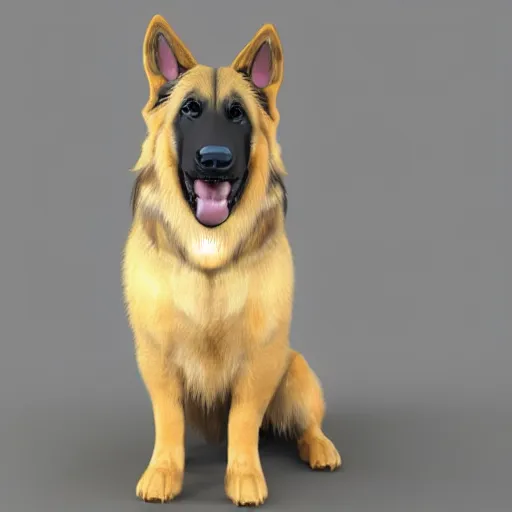 Image similar to 3 d model of a german shepherd and golden retriever mixed breed dog, octane render, raytraced