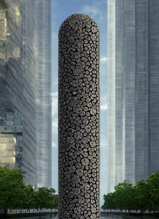 Prompt: highly detailed realistic architecture 3 d render of a futurisctic stele made from piles of coins standing in a city park, archdaily, made in unreal engine 4 octane render