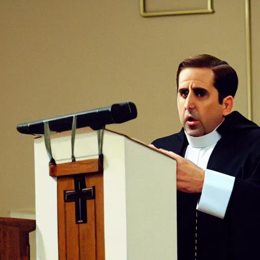 Prompt: Michael Scott as a Catholic priest giving a sermon at the pulpit