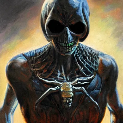 Prompt: ultra realistic portrait painting of skeletor as spiderman, art by frank frazetta, 4 k, ultra realistic, highly detailed, epic lighting