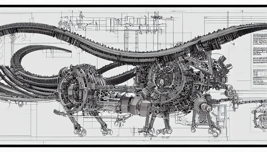 Image similar to a full page of a mechanical blueprint showing a cutaway design for a mechanized brontosaurus from howl's moving castle ( 2 0 0 4 ), with people inside piloting it, muted colors, post grunge, studio ghibli, hq