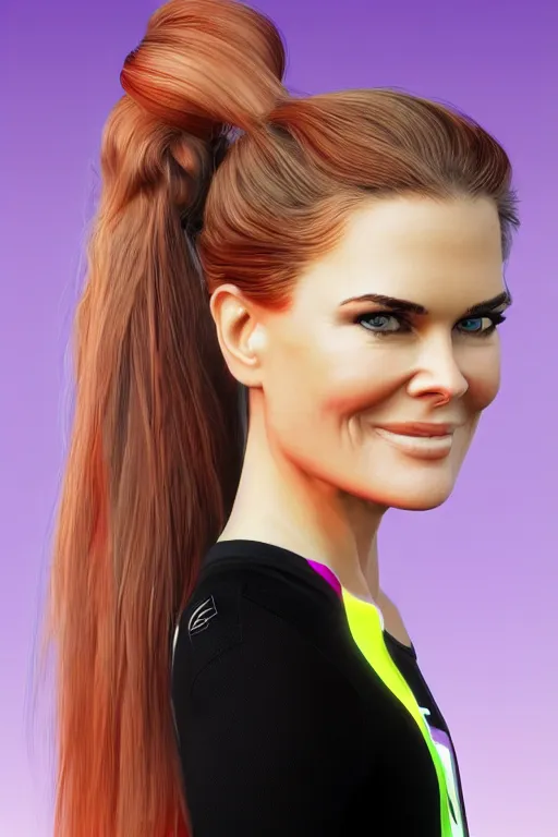 Image similar to mix of beautiful young maria shriver, mariel hemmingway, brooke shields, nicole kidman and elle macpherson as a zumba instructor, thin lips, hair tied up in a pony tail, dark blonde hair, colorful, artstation, cgsociety