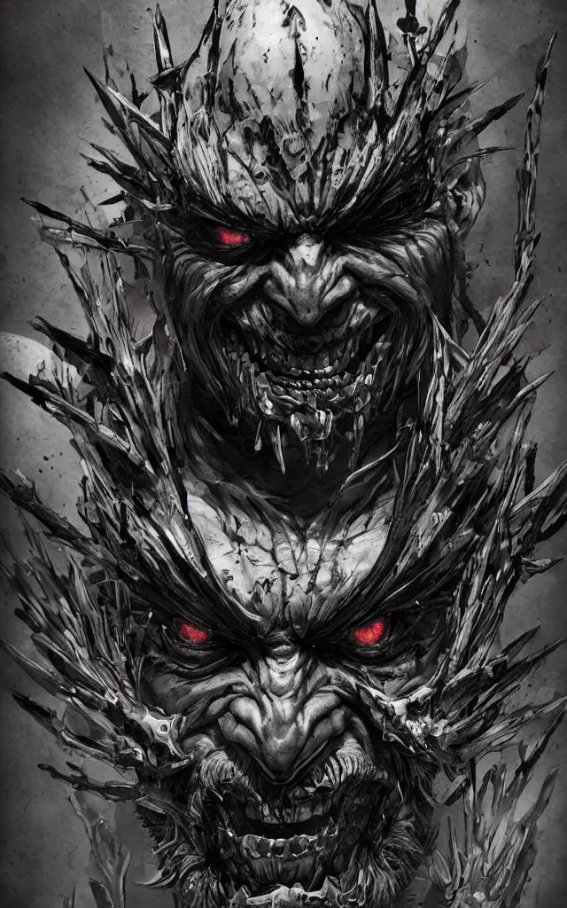 Prompt: a detailed digital art of an intimidating man with nails in two of its eyes and intricate tattoos around the eyes, wide evil grin on the face, by yoji shinkawa, jeszika le vye, mandy jurgens, trending on artstation