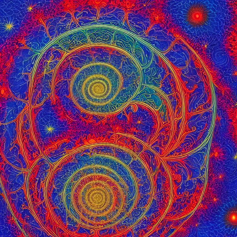 Image similar to portrait of a person psychedelic fractal soul on fire deep space galaxy fibonacci lateralus within award winning painting by alex grey symmetrical