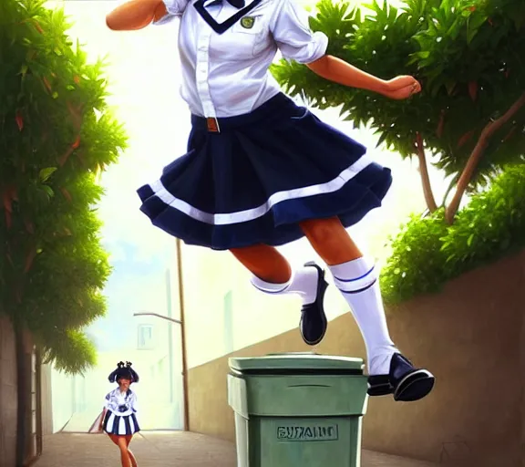 Image similar to portrait of an Italian Mexican teen female schoolgirl wearing a navy and white sepuku uniform and jumping outside a green trashbin in Kalakaua avenue in Waikiki by James Jean, intricate, elegant, highly detailed, centered, digital painting, artstation, concept art, smooth, sharp focus, illustration, by Peter Mohrbacher, WLOP