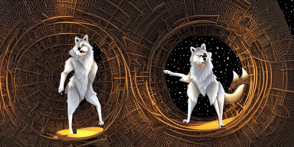 Image similar to anthropomorphic furry wolf inside a giant automaton tower that tracks the stars, illustration