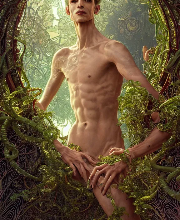 Image similar to intricate ornate opulent transparent clear see - through portrait of a stunning beautiful skinny male alien centipede, mottled coloring, adorable, childlike, overgrown jungle environment, ultra realistic, concept art, art nouveau, photorealistic, octane render, 8 k, unreal engine. art by christopher marley and artgerm and greg rutkowski and alphonse mucha
