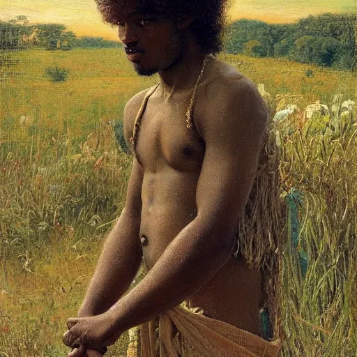 Prompt: east african man with curly hair, wide shot, full body, fedosenko roman, j. w. godward, jose miguel roman frances, intricate details, countryside, dreamy, impressionist, figurative