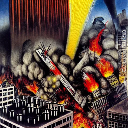 Prompt: 9 / 1 1 attack by otto dix, hyperrealistic, aesthetic, masterpiece