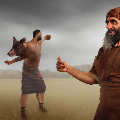 Image similar to photographic portrait of angered Mediterranean skinned man in ancient Canaanite farmer clothing fighting a Mediterranean skinned shepherd in ancient Canaanite shepherd clothing, farm field background, sharp detail, hyper realistic, foggy atmosphere, intense facial expression, octane render