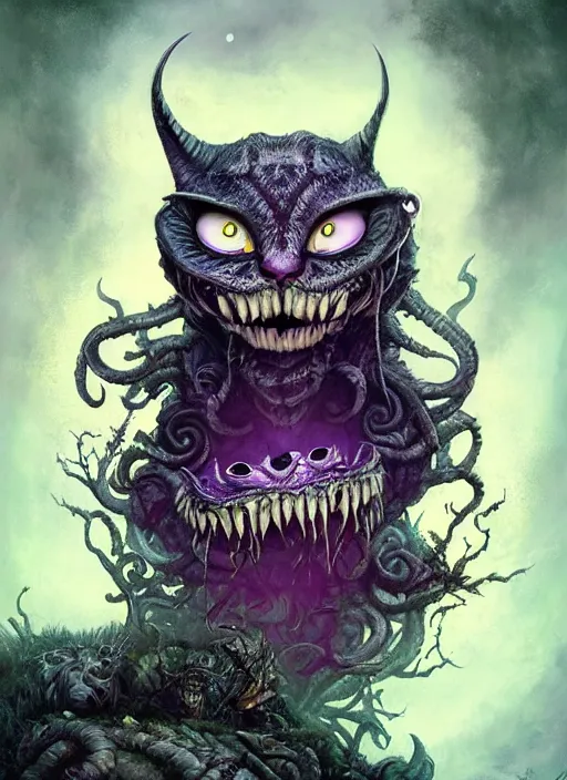 Image similar to cheshire cat, call of cthulhu, half skull half face, highly detailed, cinematic, 8 k, by megan duncanson, benjamin lacombe, adrian borda, stanley artgermm, tom bagshaw, craig mullins, carne griffiths, ayami kojima, beksinski, giger, trending on deviantart, hyper detailed, horror, full of colour